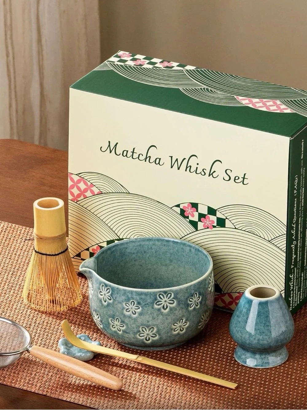 Blue Floral Ceramic Matcha Bowl Set NEW